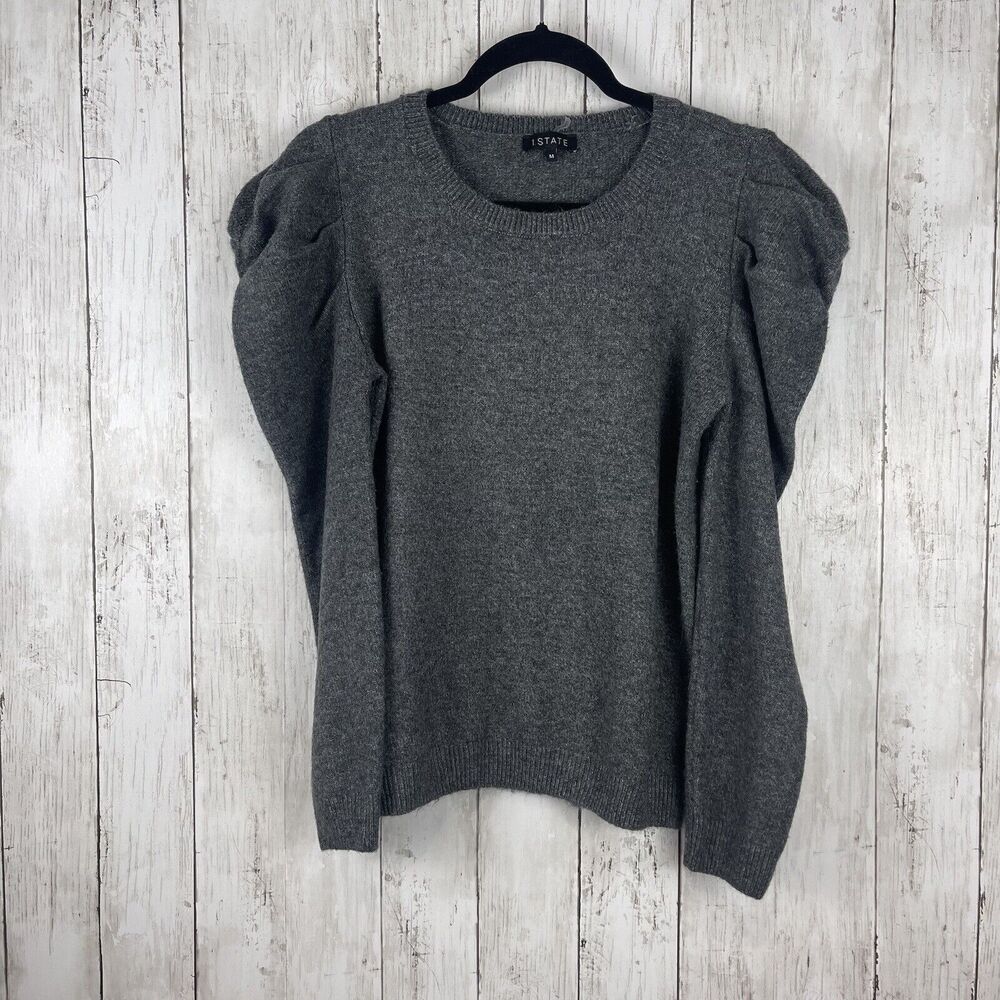 1 State Sweater Womens Medium Gray‎ Puff Sleeve Minimalist Chic Preppy Capsule
